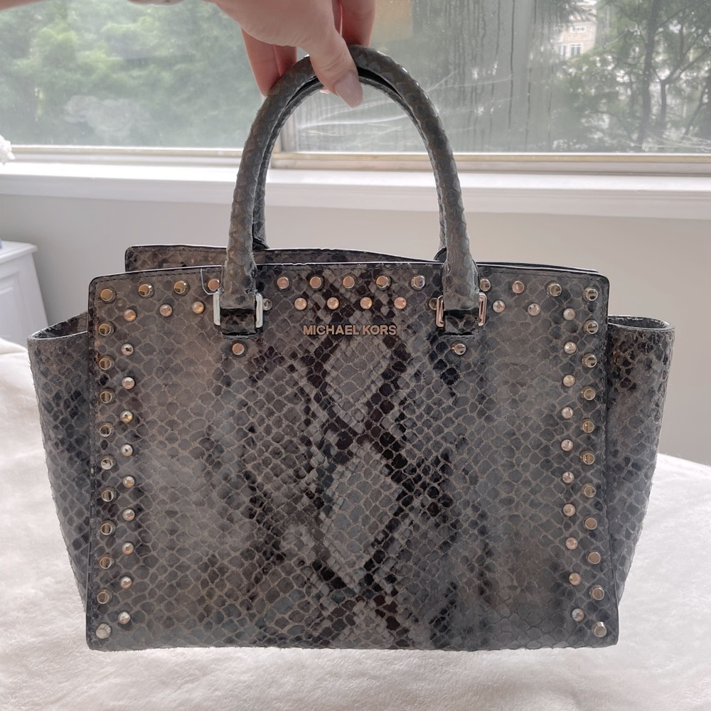 Michael Kors Selma Bag Denim Blue Snakeskin Handbag With Rhinestones Like New